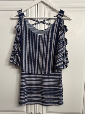 Artex Fashions Size Small Blue + White Striped Cold Shoulder Popover Bodice